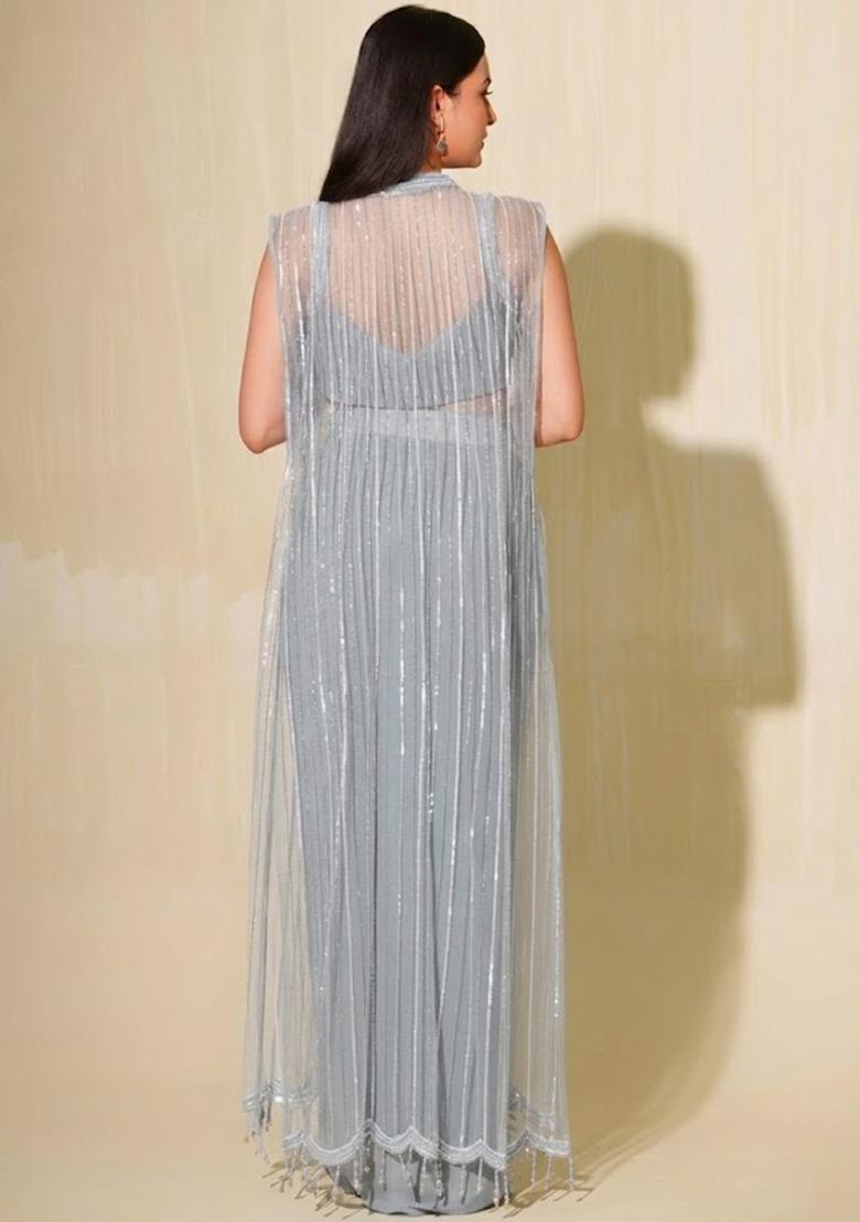 Grey Crepe Embellished Handwork Fusion Set - Indya