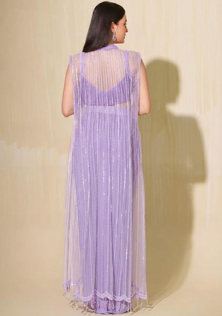 Lavender Crepe Embellished Handwork Fusion Set - Indya