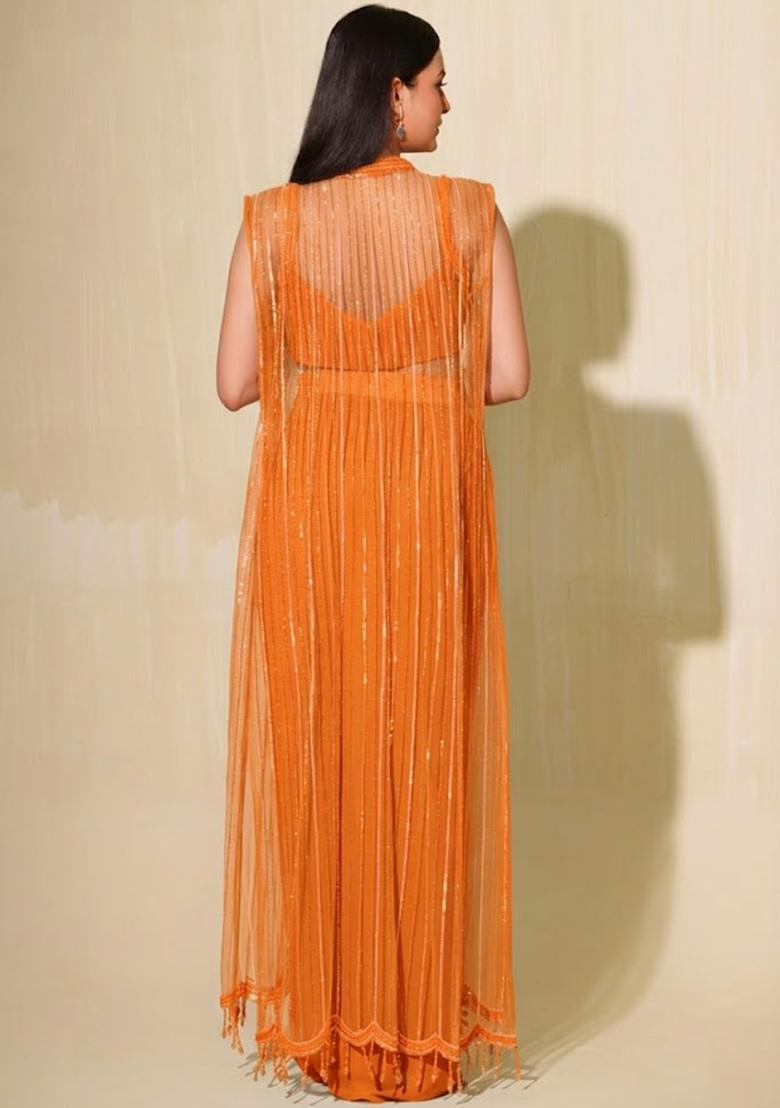 Orange Crepe Embellished Handwork Fusion Set - Indya