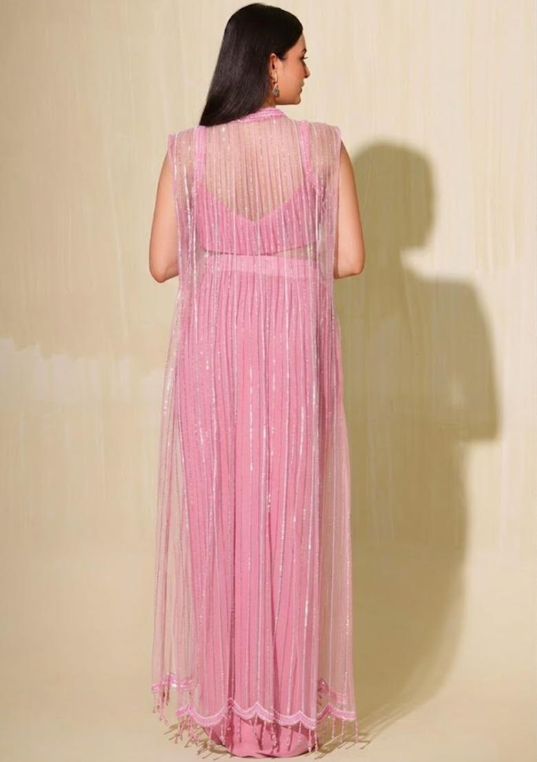 Blush Pink Crepe Embellished Handwork Fusion Set - Indya