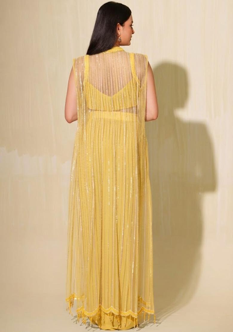 Yellow Crepe Embellished Handwork Fusion Set - Indya