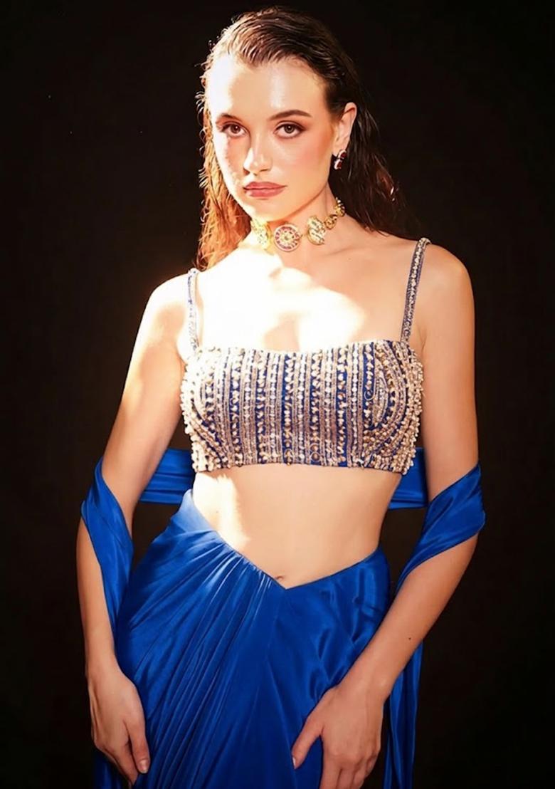 Blue Satin Embellished Handwork Fusion Set - Indya