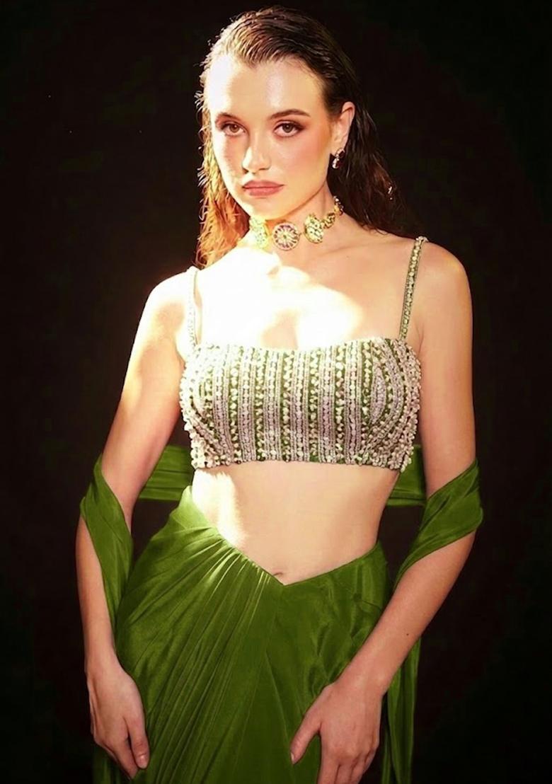 Olive Green Satin Embellished Handwork Fusion Set - Indya
