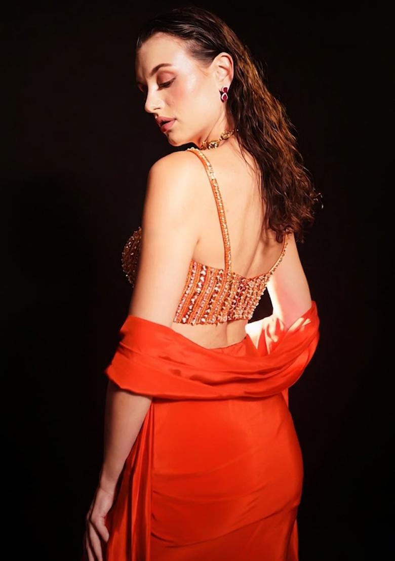 Red Satin Embellished Handwork Fusion Set - Indya