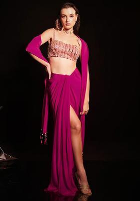 Magenta Satin Embellished Handwork Fusion Set
