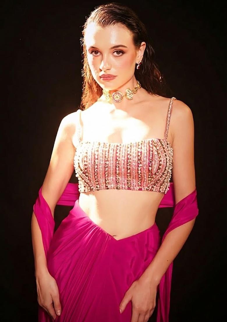 Magenta Satin Embellished Handwork Fusion Set - Indya
