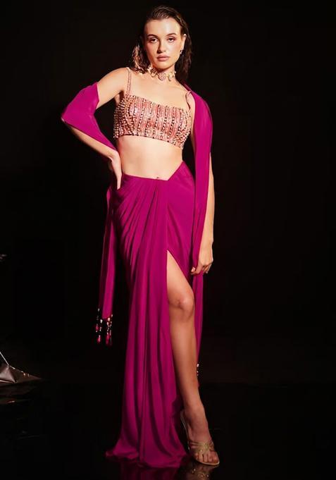 Magenta Satin Embellished Handwork Fusion Set