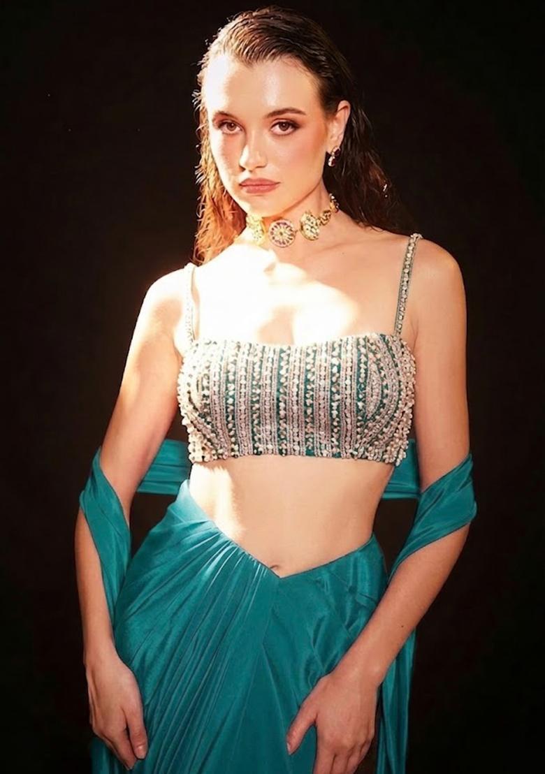 Teal Green Satin Embellished Handwork Fusion Set - Indya