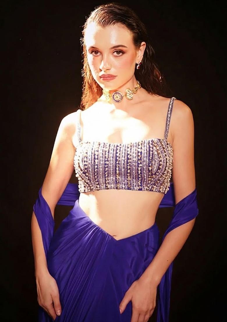 Royal Purple Satin Embellished Handwork Fusion Set - Indya