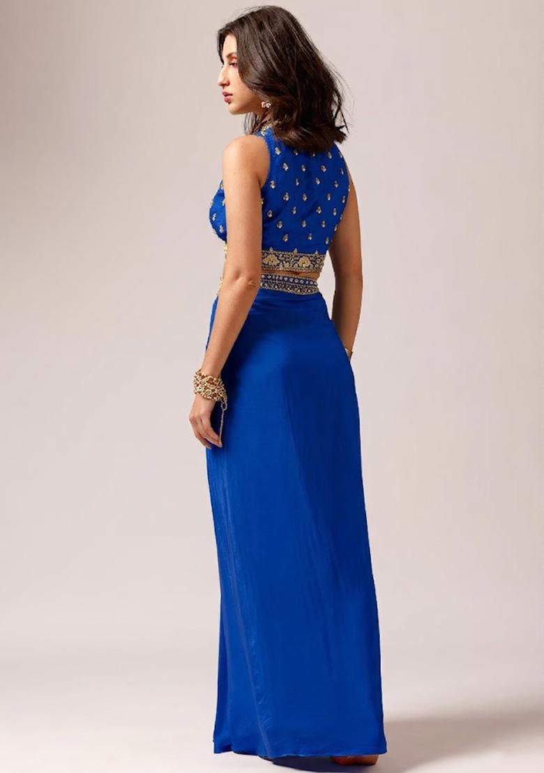 Royal Blue Crepe Embellished Handwork Fusion Set - Indya