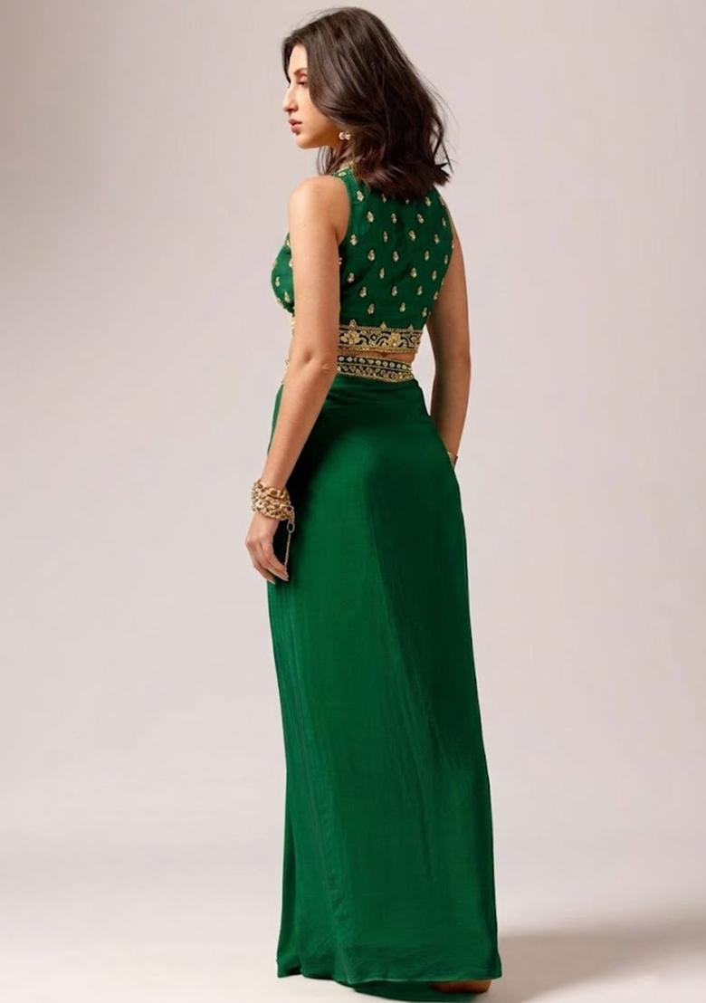 Green Crepe Embellished Handwork Fusion Set - Indya