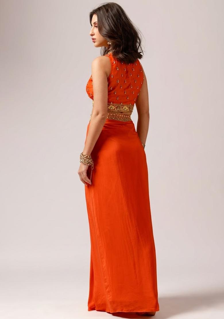 Orange Crepe Embellished Handwork Fusion Set - Indya