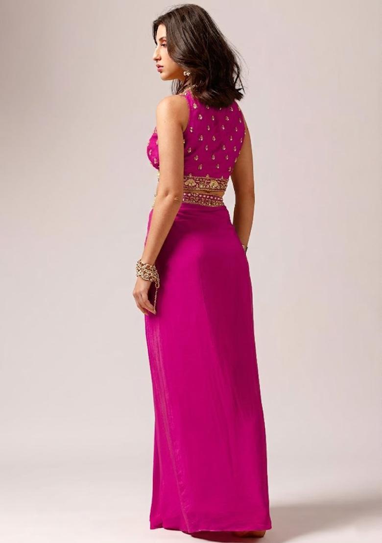 Rani Pink Crepe Embellished Handwork Fusion Set - Indya