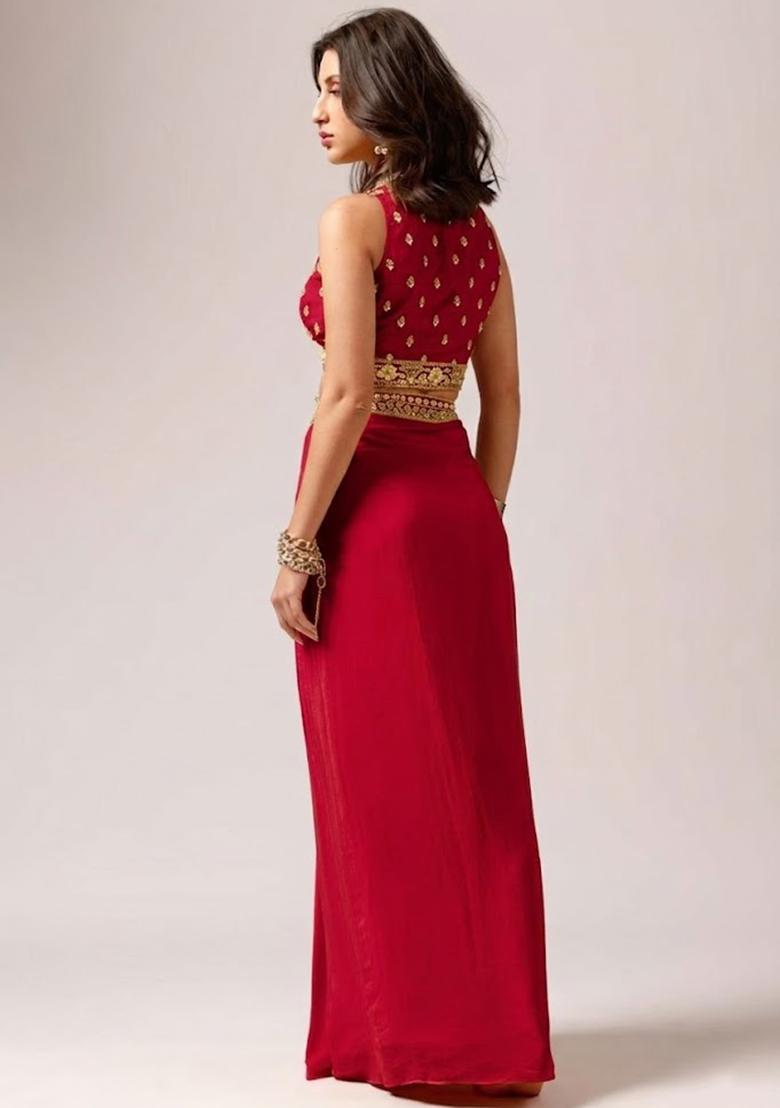 Red Crepe Embellished Handwork Fusion Set - Indya