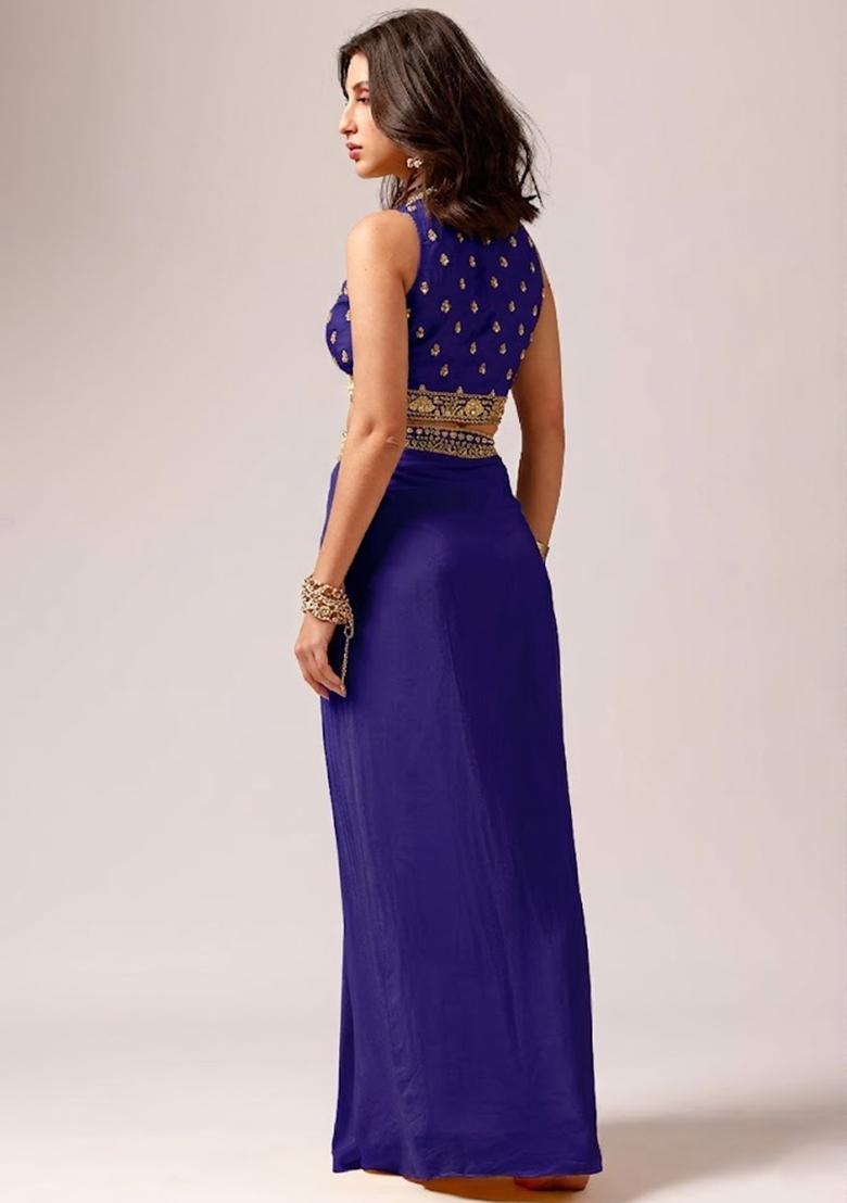 Royal Purple Crepe Embellished Handwork Fusion Set - Indya