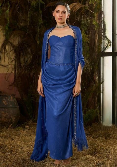 Navy Blue Chinon Embellished Handwork Fusion Set