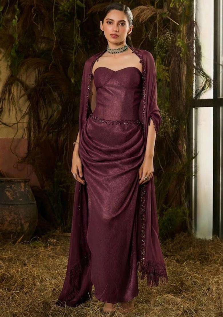 Burgundy Chinon Embellished Handwork Fusion Set - Indya
