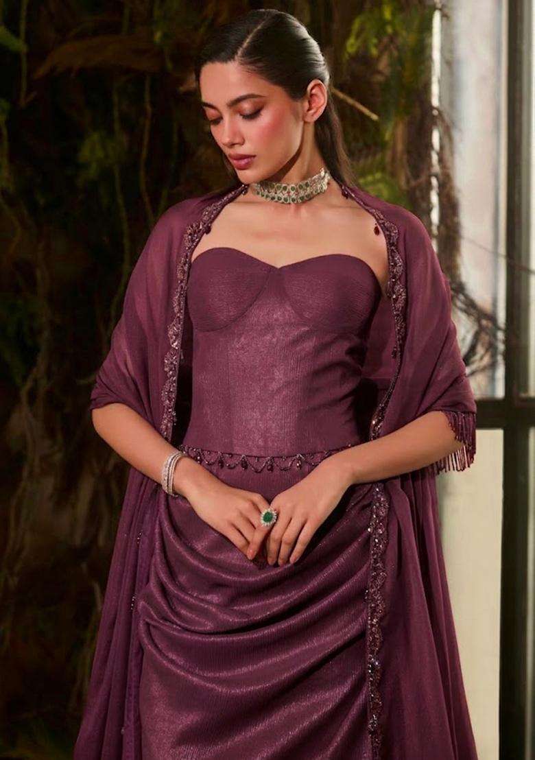 Burgundy Chinon Embellished Handwork Fusion Set - Indya
