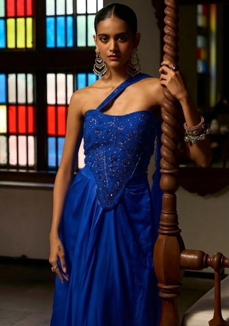 Blue Satin Embellished Handwork Fusion Set - Indya