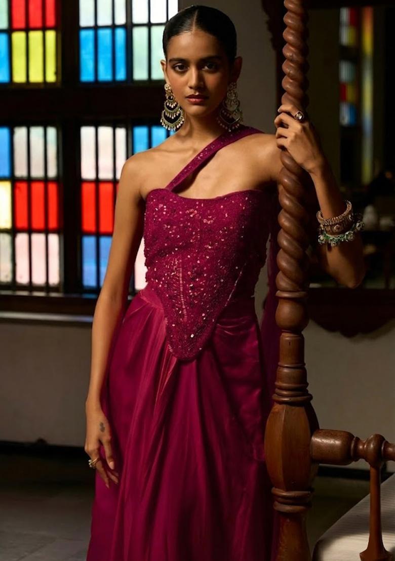 Mauve Satin Embellished Handwork Fusion Set - Indya