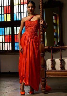 Orange Satin Embellished Handwork Fusion Set