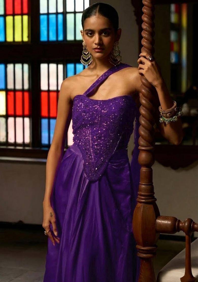 Purple Satin Embellished Handwork Fusion Set - Indya