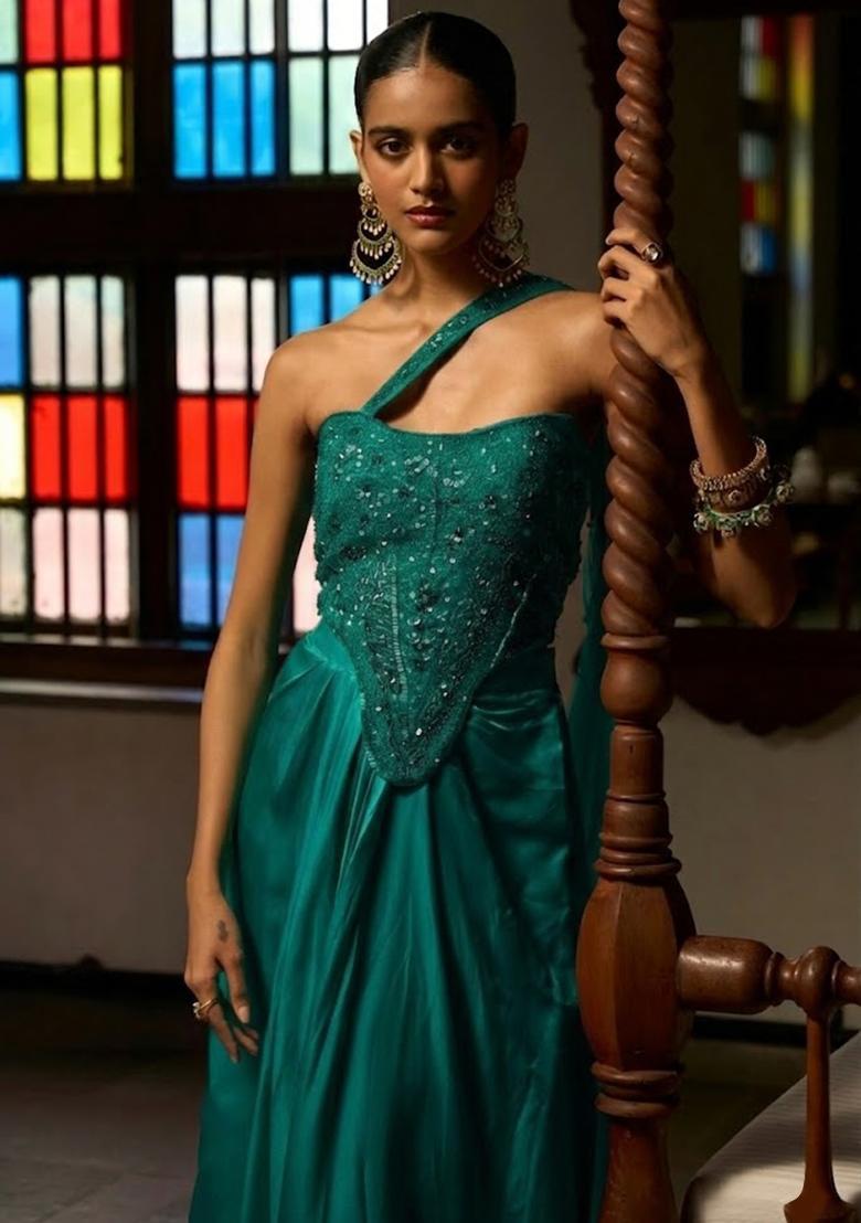 Teal Satin Embellished Handwork Fusion Set - Indya