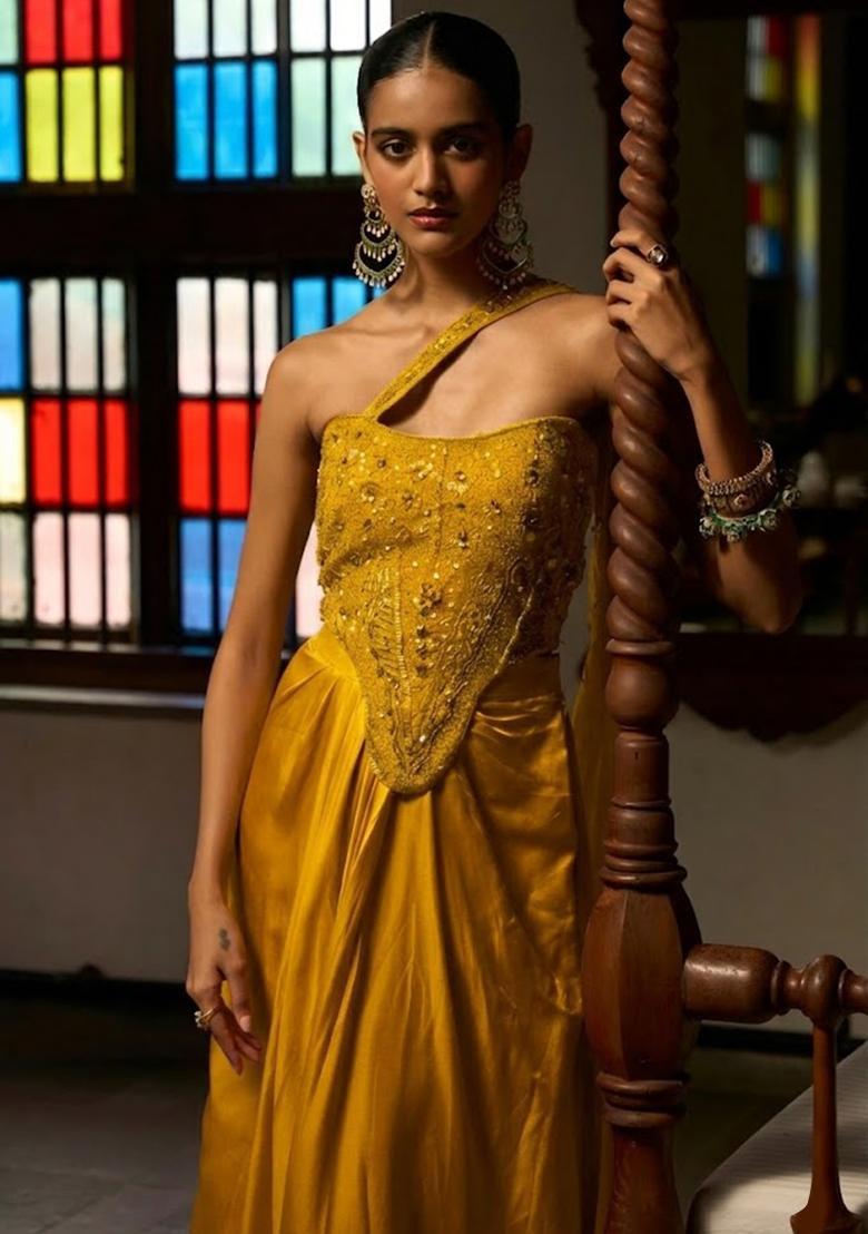 Yellow Satin Embellished Handwork Fusion Set - Indya