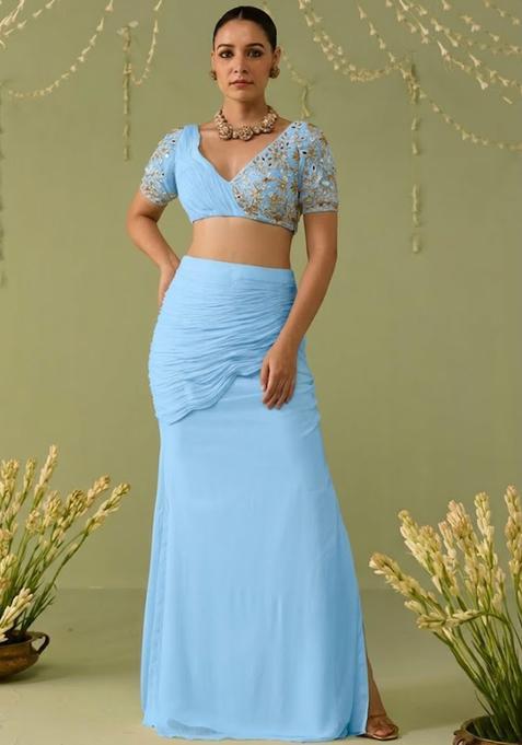 Blue Georgette Embellished Handwork Fusion Set
