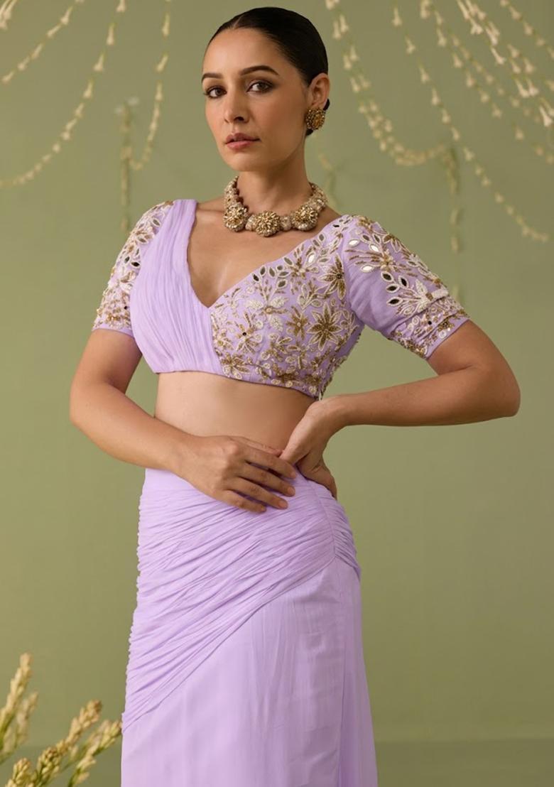 Lavender Georgette Embellished Handwork Fusion Set - Indya