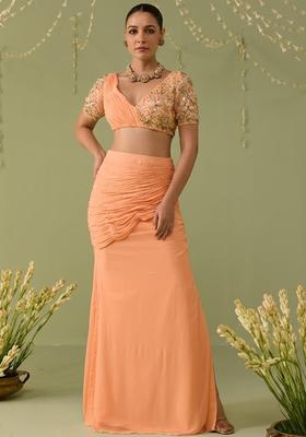 Peach Georgette Embellished Handwork Fusion Set
