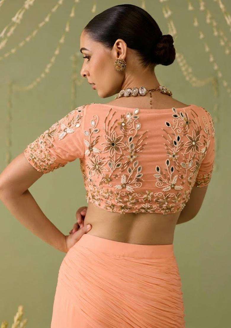 Peach Georgette Embellished Handwork Fusion Set - Indya