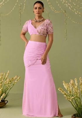 Pink Georgette Embellished Handwork Fusion Set