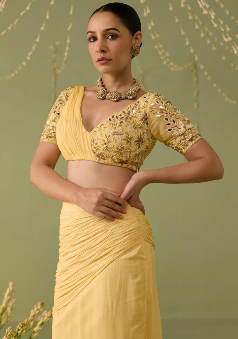 Yellow Georgette Embellished Handwork Fusion Set - Indya