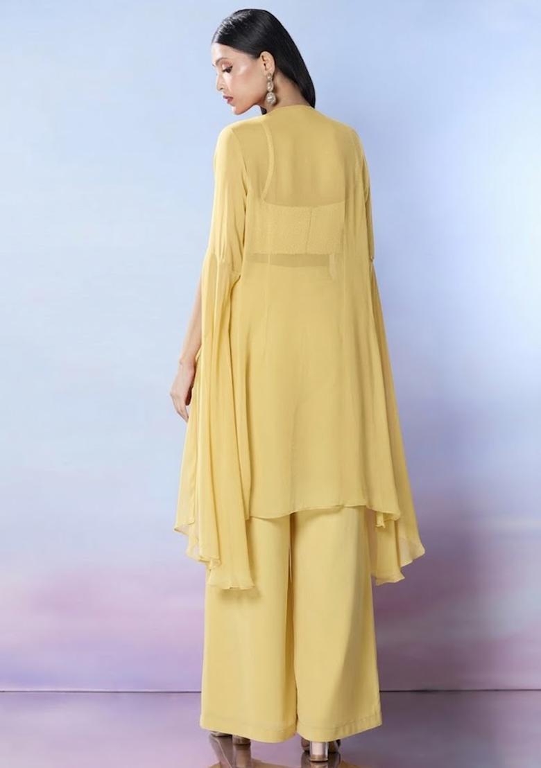 Yellow Georgette Embellished Handwork Fusion Set - Indya