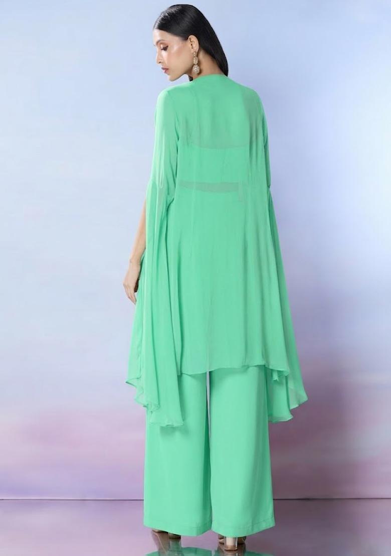 Off White Georgette Embellished Handwork Fusion Set - Indya