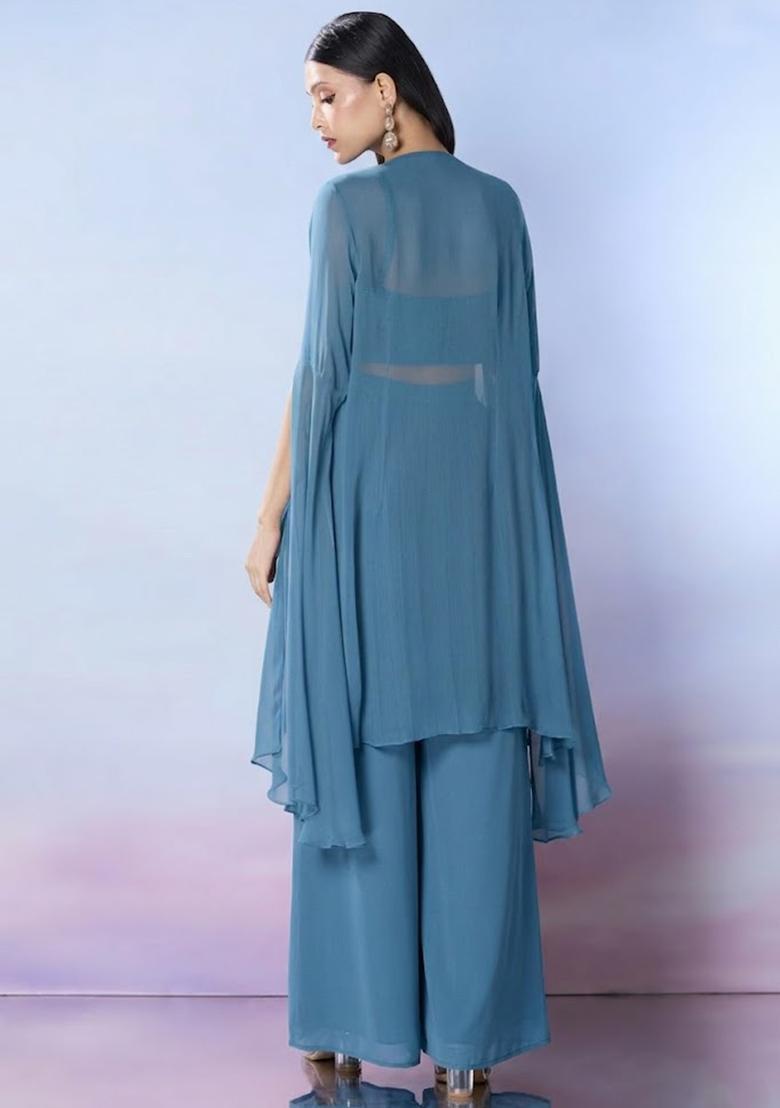 Denim Blue Georgette Embellished Handwork Fusion Set - Indya