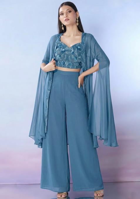 Denim Blue Georgette Embellished Handwork Fusion Set