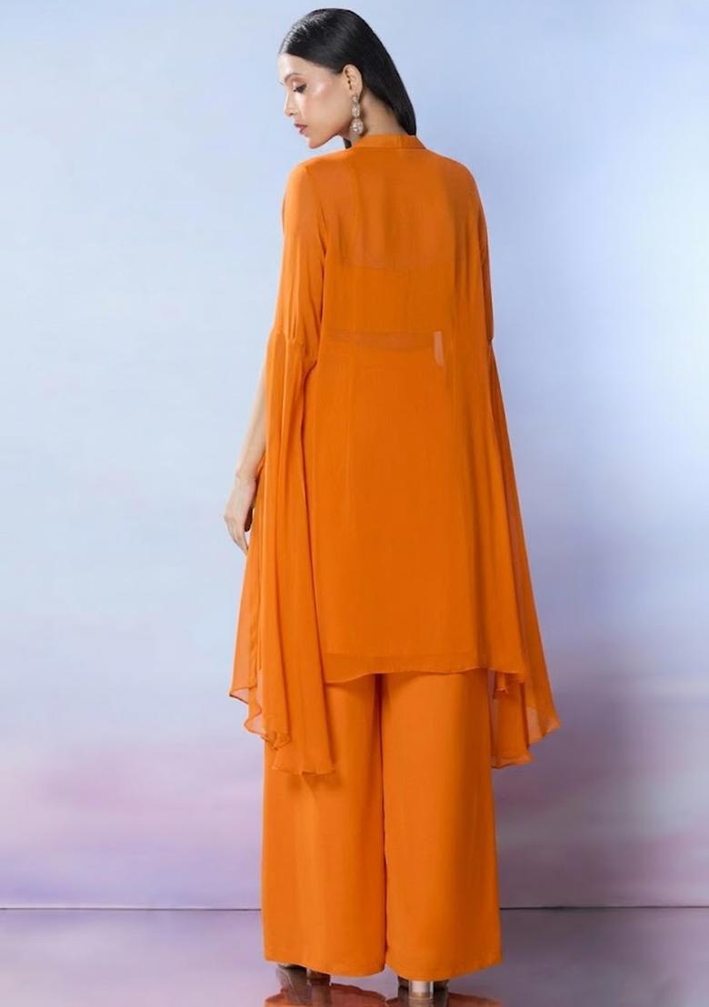 Orange Georgette Embellished Handwork Fusion Set - Indya