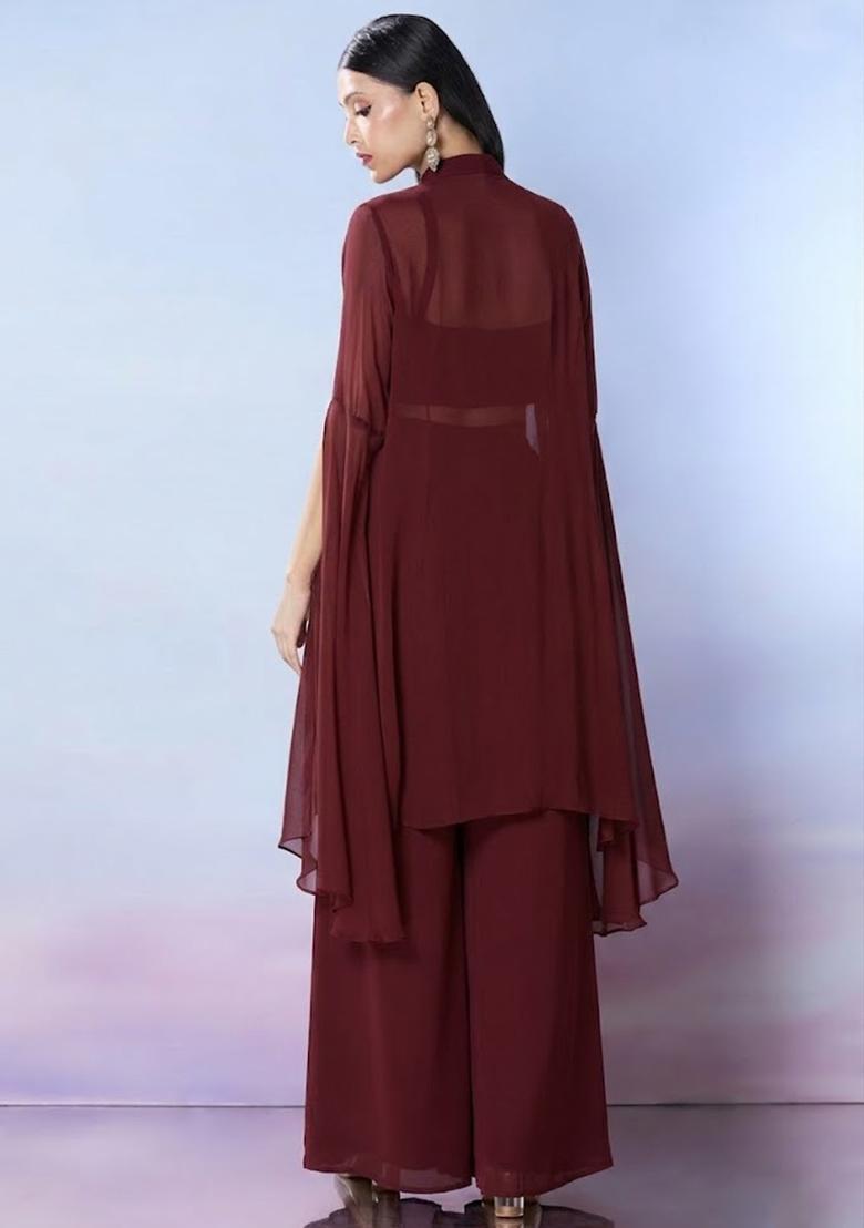 Red Georgette Embellished Handwork Fusion Set - Indya
