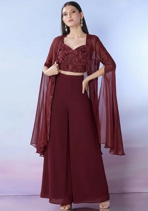 Red Georgette Embellished Handwork Fusion Set