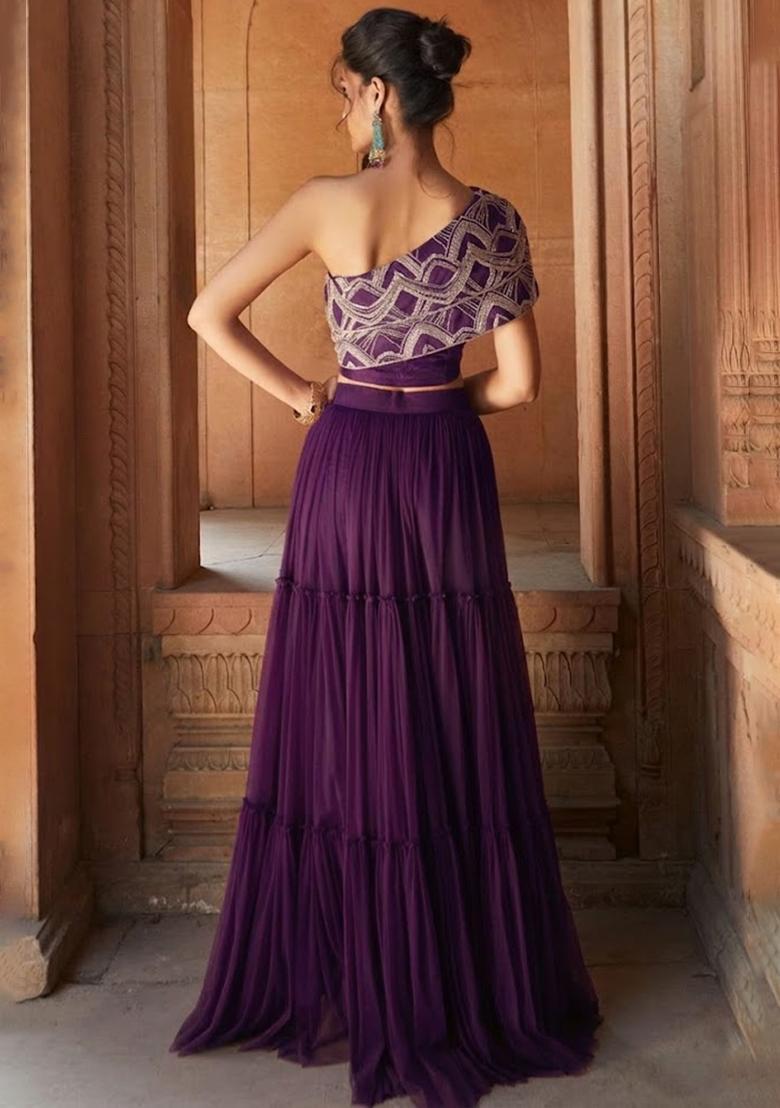 Deep Purple Chinon Embellished Handwork Fusion Set - Indya