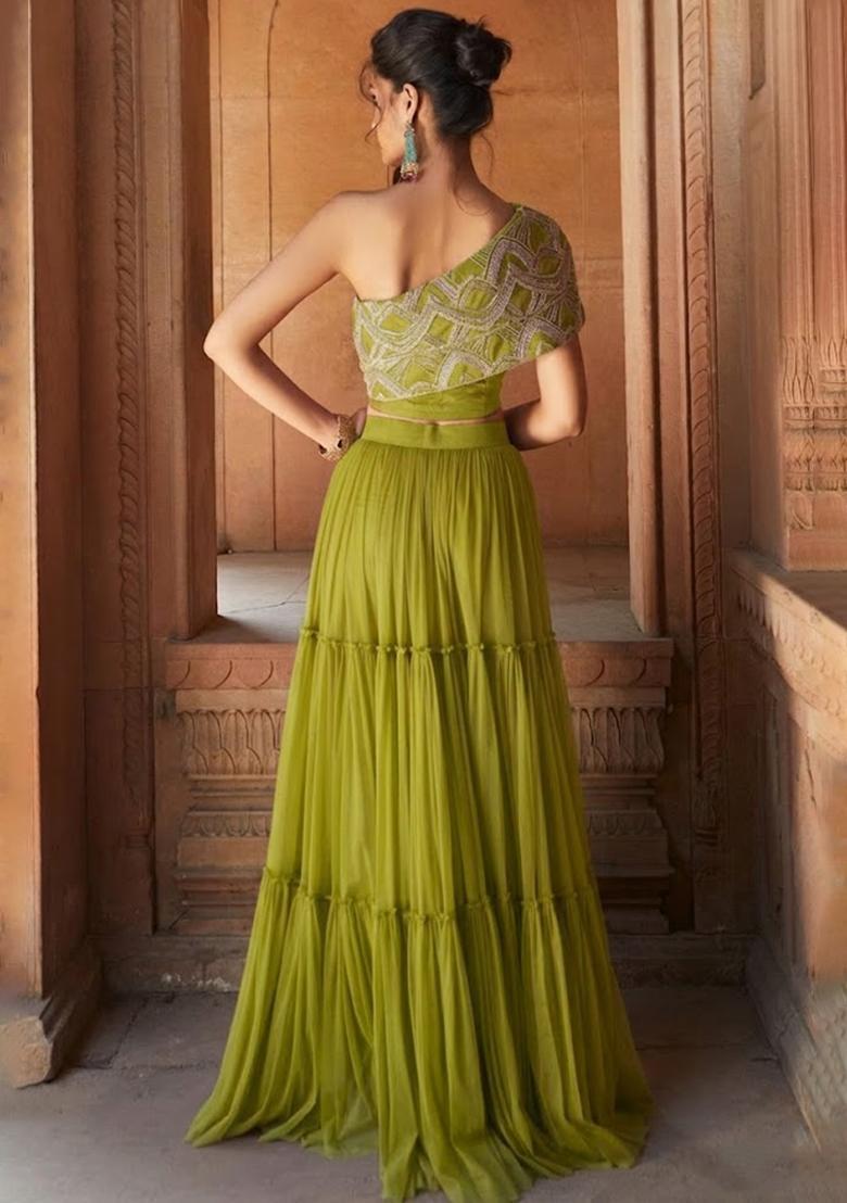 Apple Green Chinon Embellished Handwork Fusion Set - Indya