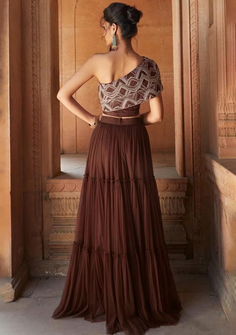 Chestnut Brown Chinon Embellished Handwork Fusion Set - Indya
