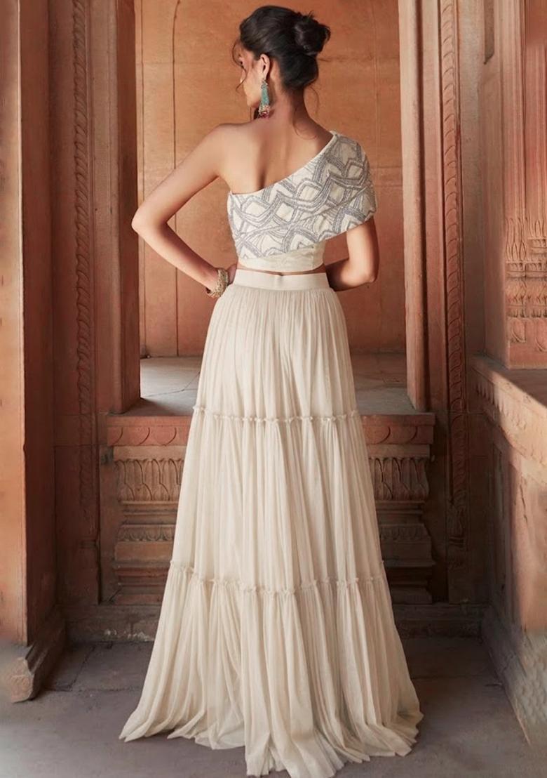 Snow White Chinon Embellished Handwork Fusion Set - Indya
