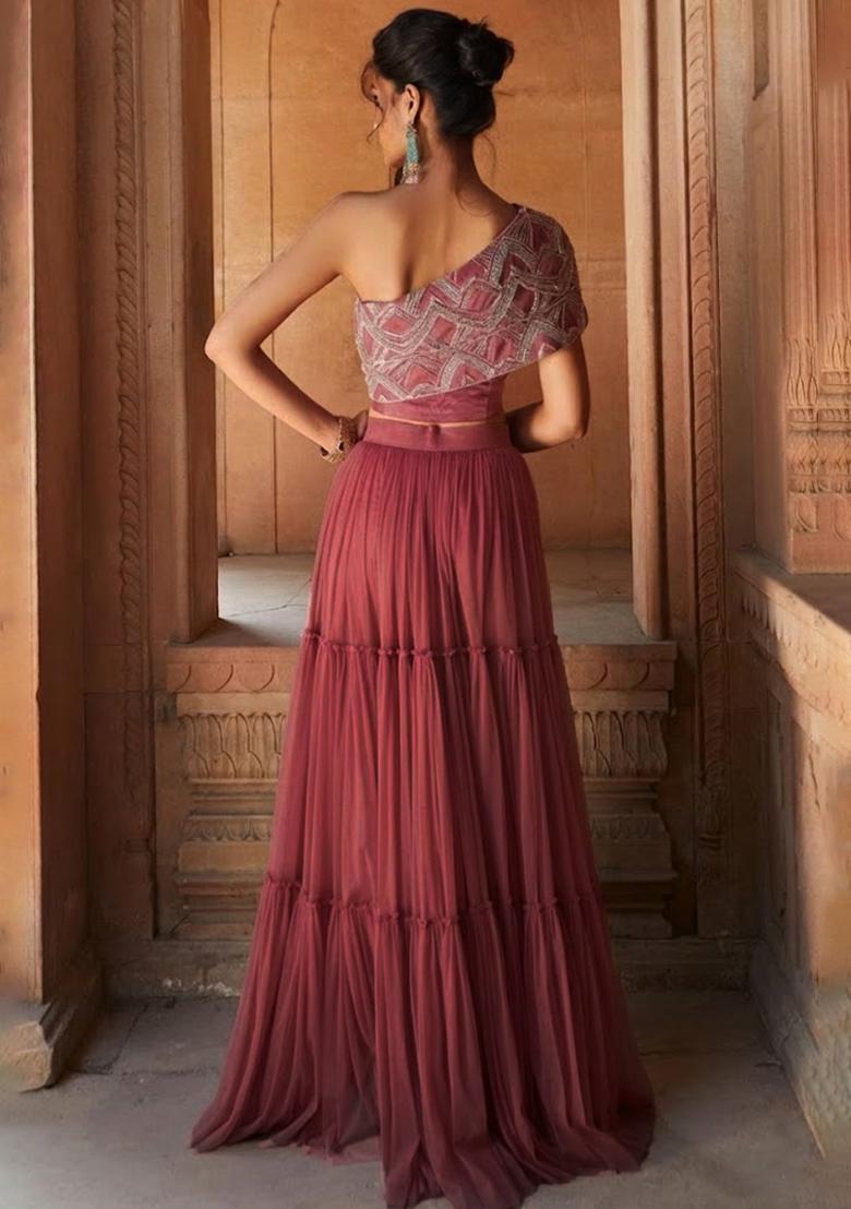 Berry Red Chinon Embellished Handwork Fusion Set - Indya