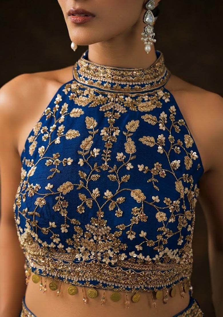 Porcelain Blue Crepe Embellished Handwork Fusion Set - Indya