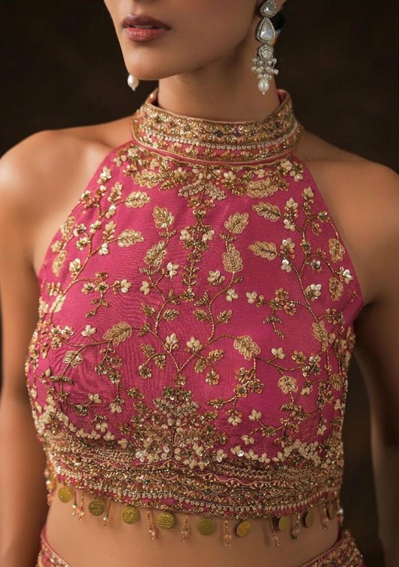 Pink Crepe Embellished Handwork Fusion Set - Indya
