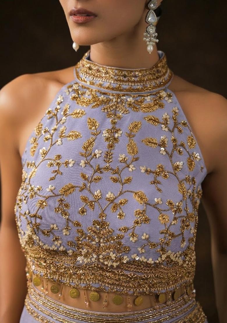Purple Crepe Embellished Handwork Fusion Set - Indya