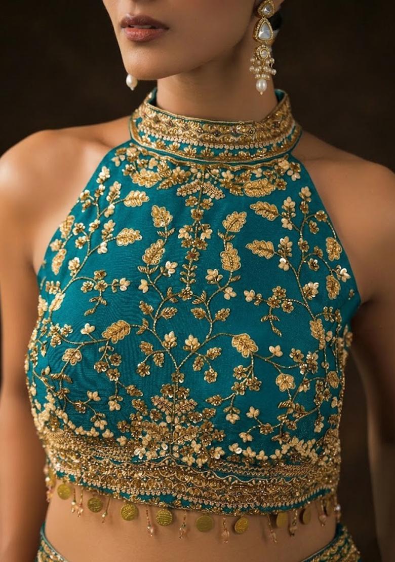 Teal Crepe Embellished Handwork Fusion Set - Indya